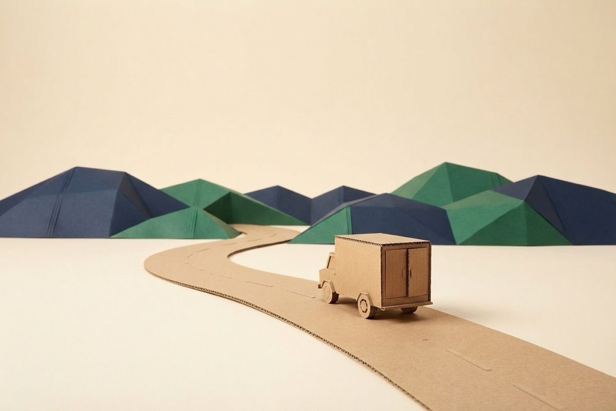 Paper-craft illustration of a long kraft paper road curving toward folded-paper hills with a paper moving truck driving away