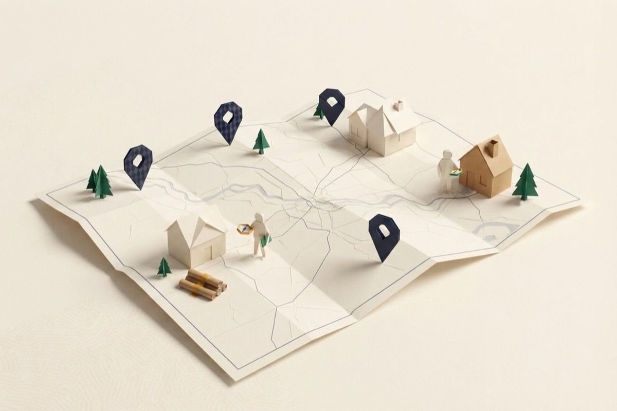 Paper-craft illustration of a folded paper map with small paper houses and origami location pins
