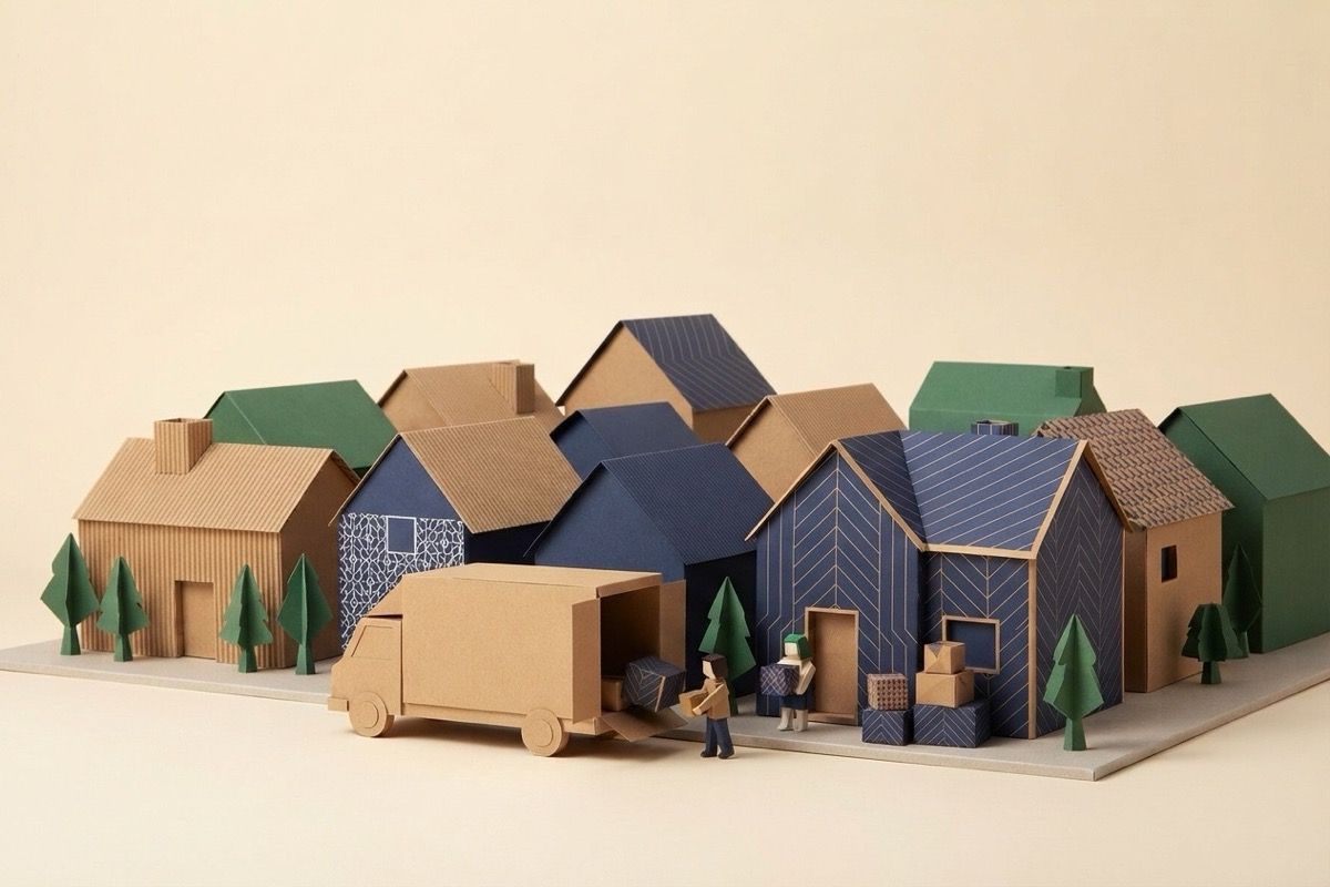 Paper-craft illustration of closely spaced folded-paper family houses with a kraft paper moving truck stopped at the curb