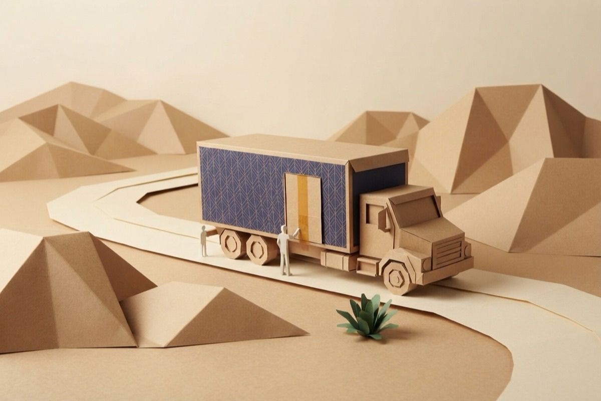 Paper-craft illustration of a kraft box truck on a folded-paper California highway through paper hills