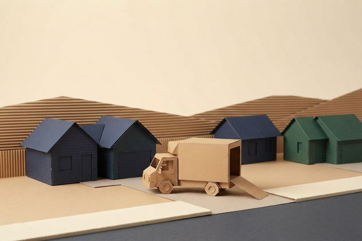Paper-craft illustration of folded-paper family houses at the foot of low paper ridges with a kraft paper moving truck on the drive