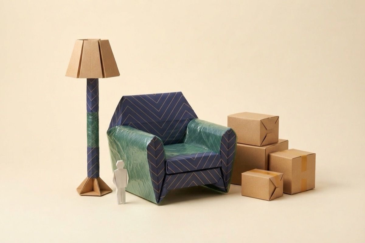 Paper-craft illustration of paper furniture wrapped in indigo moving pads and green stretch film beside kraft boxes