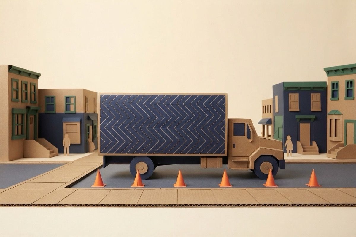 Paper-craft illustration of a folded-paper street with a kraft paper moving truck at the curb and small paper cones marking the space