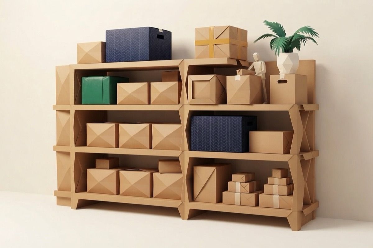Paper-craft illustration of kraft crates and boxes arranged on folded-paper warehouse shelves