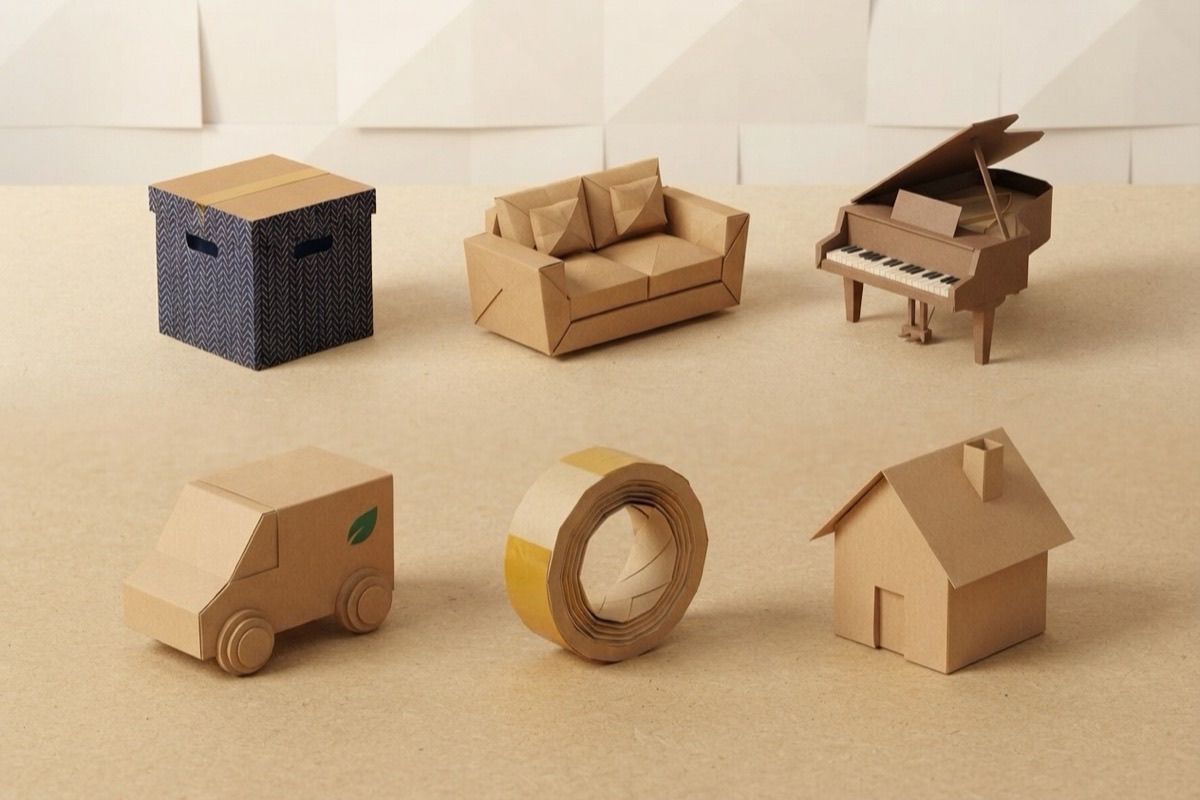 Paper-craft illustration of small origami icons for moving services: box, sofa, piano, truck, tape roll and house