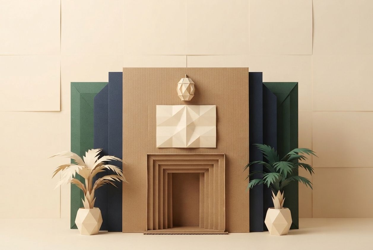 Paper-craft illustration of a folded kraft-paper insurance certificate on a lobby desk, beside a small paper clipboard and a stamped card