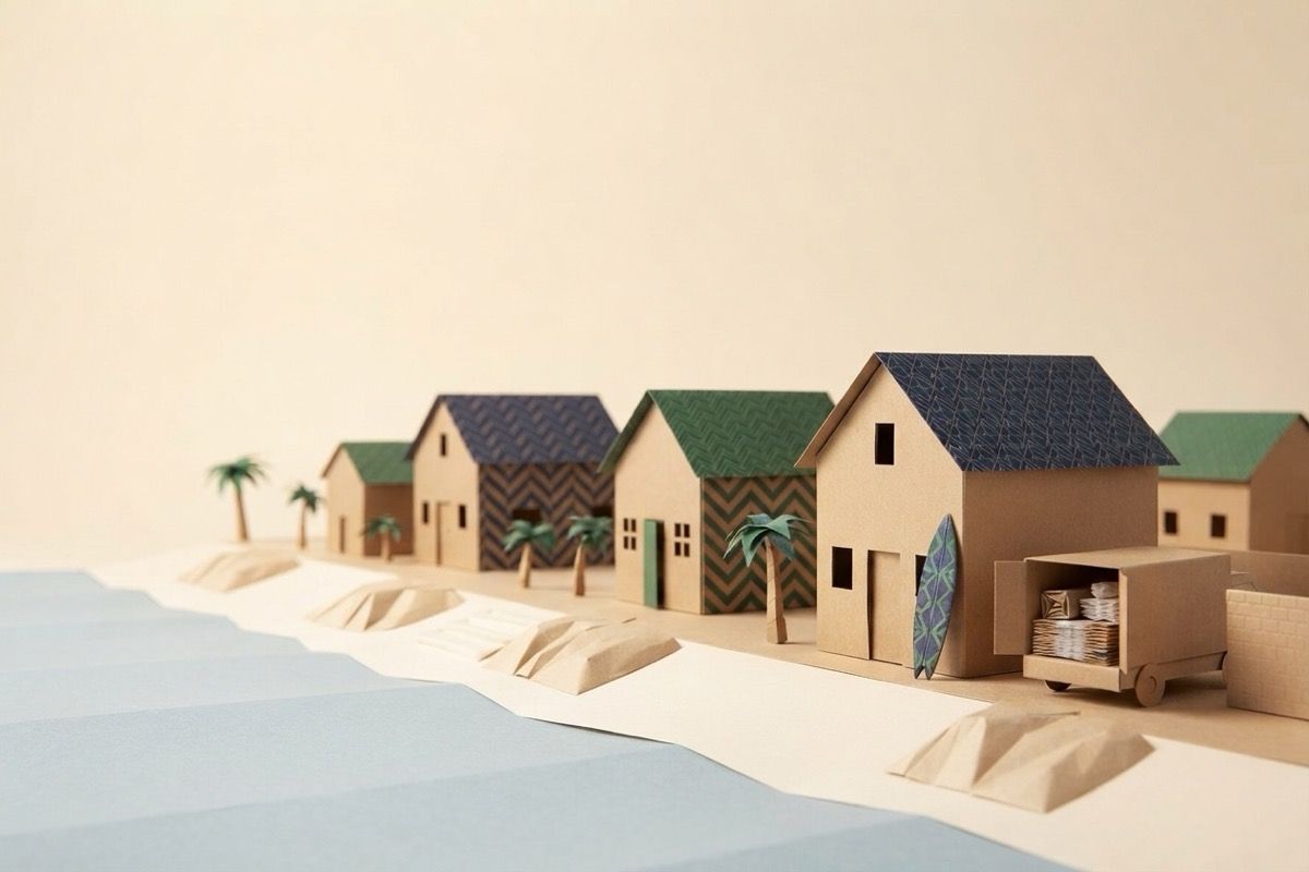 Paper-craft illustration of folded-paper beach houses on a pale paper shoreline with a kraft paper moving truck alongside