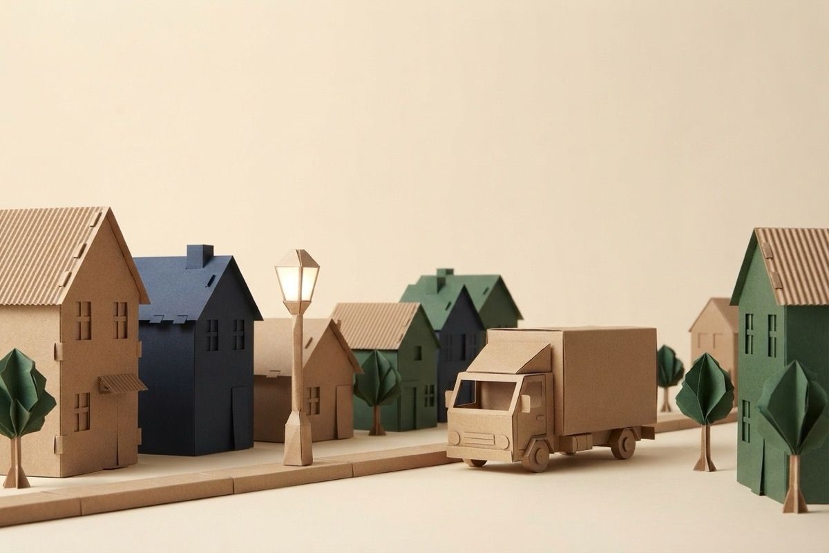 Paper-craft illustration of a quiet folded-paper residential street at dawn with a paper street lamp and a waiting kraft paper moving truck