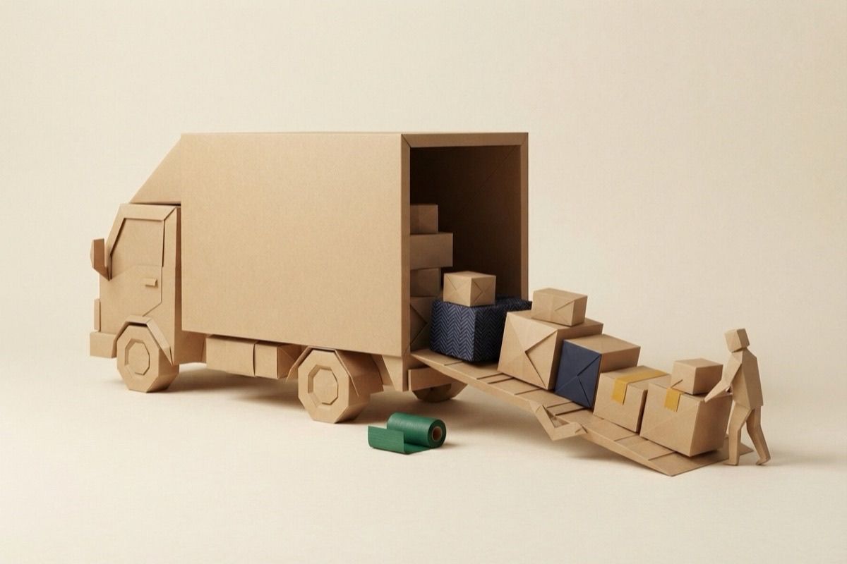 Paper-craft illustration of a kraft box truck with its ramp down and paper boxes being loaded
