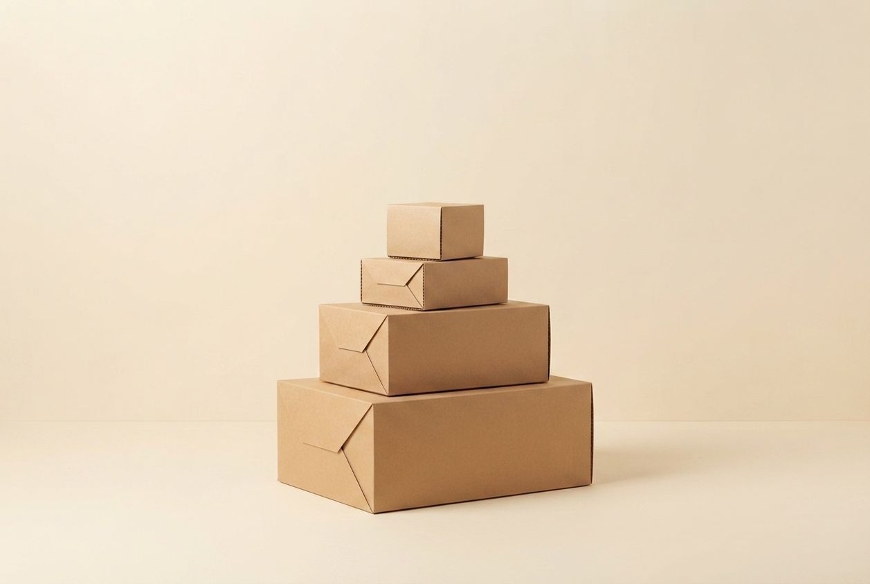 Paper-craft illustration of four kraft cardboard cartons in four sizes, standing open on a plain cream background beside a roll of tape and a stack of folded paper