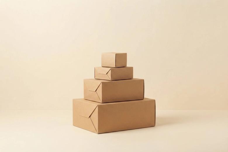 Paper-craft illustration of four kraft cardboard cartons in four sizes, standing open on a plain cream background beside a roll of tape and a stack of folded paper