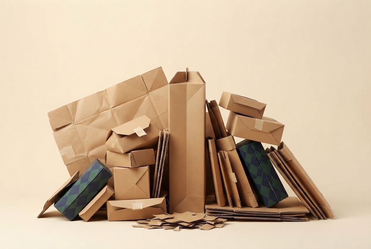 Paper-craft illustration of three mismatched kraft paper cartons stacked on a folded paper sidewalk, the bottom one visibly sagging under the others