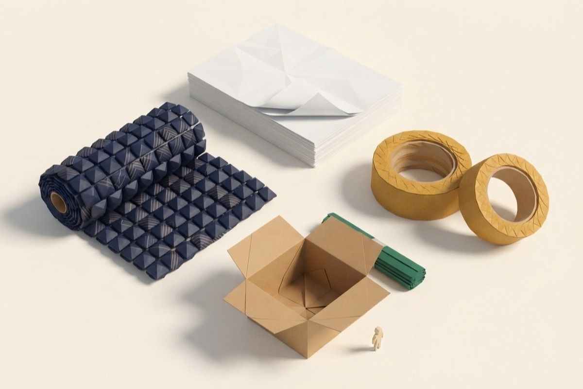 Paper-craft flat-lay illustration of packing paper, bubble wrap, amber tape rolls and an open kraft box