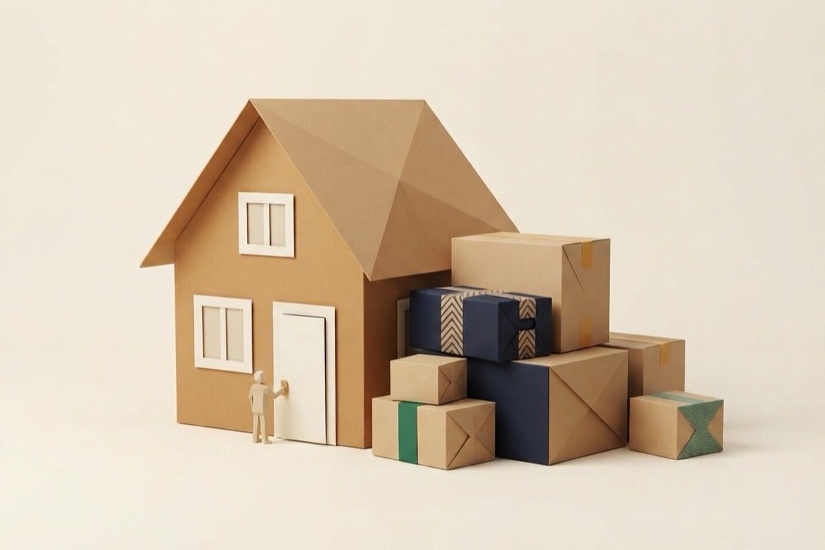 Paper-craft illustration of a folded-paper house with kraft moving boxes stacked by the front door