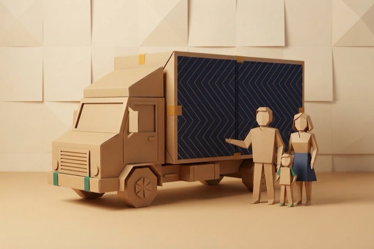 Paper-craft illustration of a kraft box truck with a small family of faceless paper figures beside it