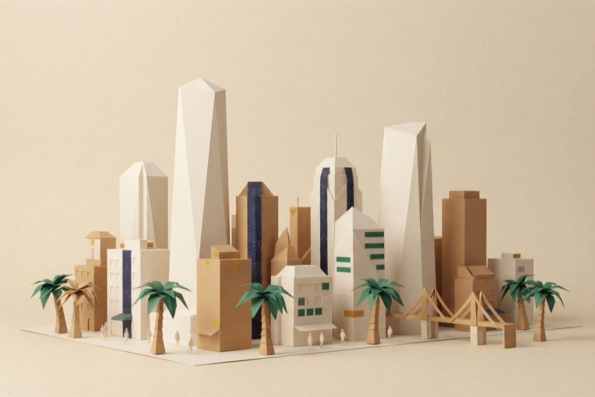 Paper-craft illustration of a folded-paper downtown skyline with origami palm trees
