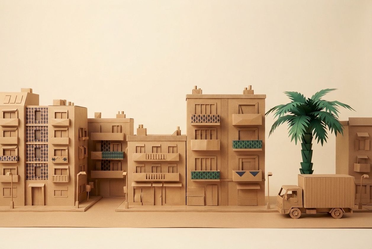 Paper-craft illustration of a folded kraft-paper street with a small paper sweeper and a boxy paper moving truck waiting at the corner