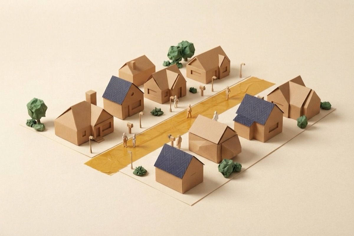 Paper-craft illustration of a folded-paper suburban street grid with an amber tape road running through it
