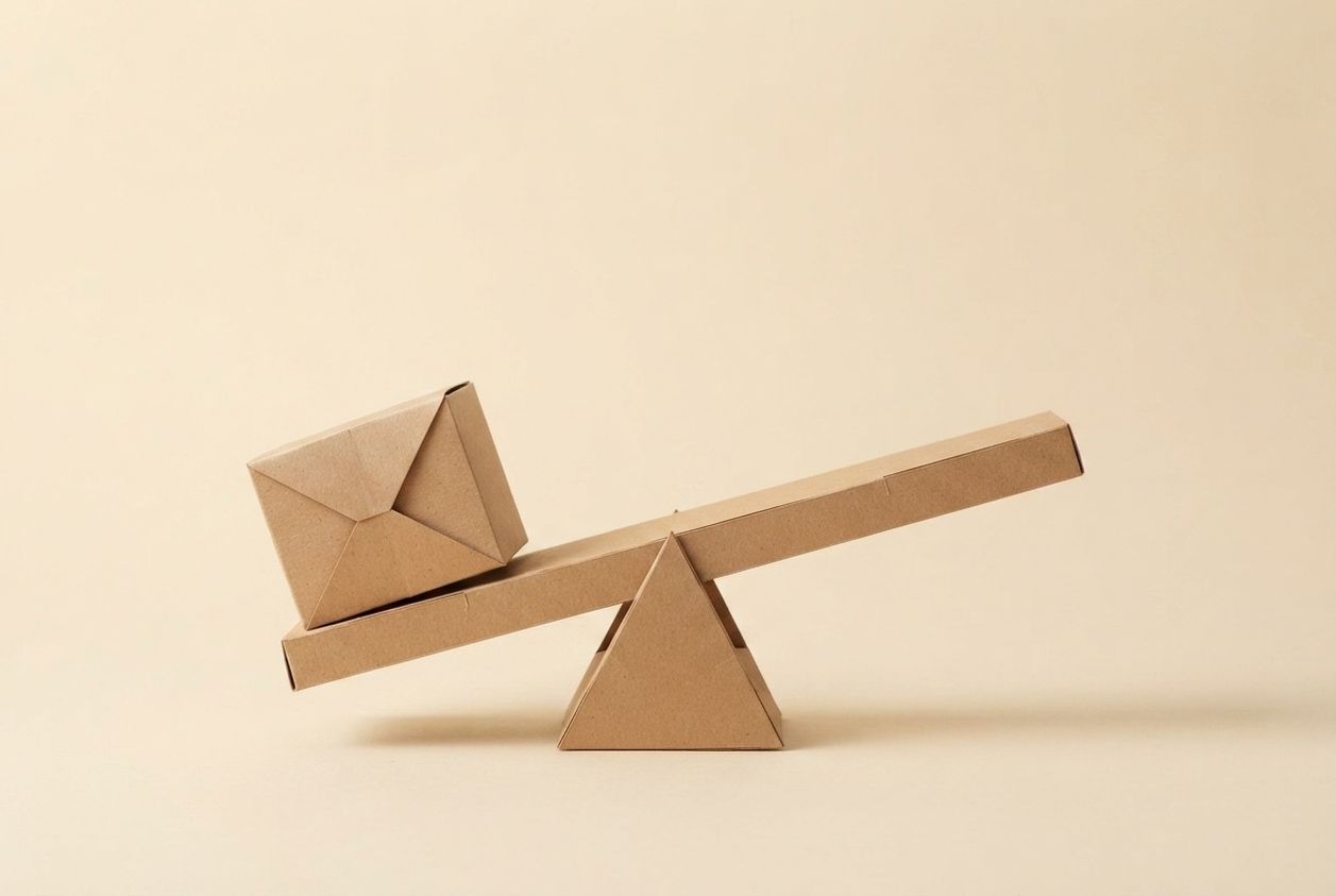 Paper-craft illustration of a small folded-paper box sitting on a simple paper balance beam tilted to one side