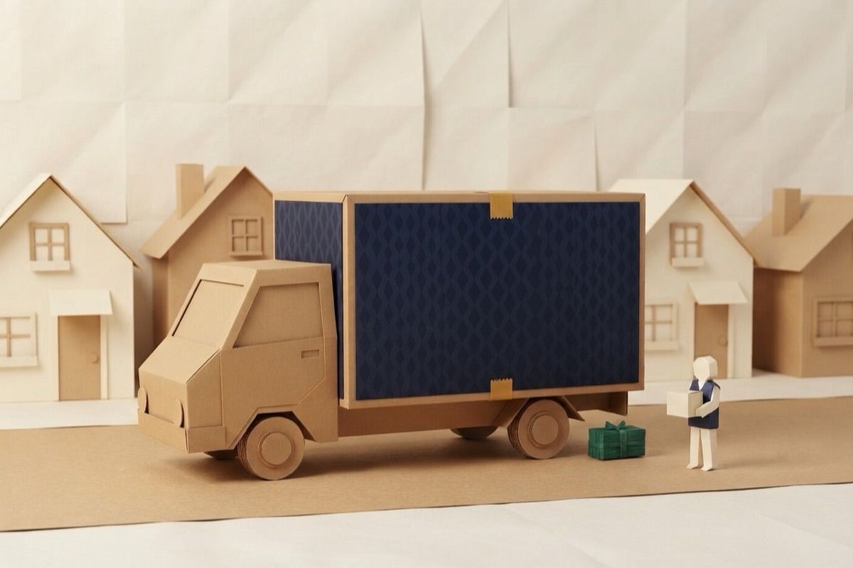 Paper-craft illustration of a kraft box truck parked outside a row of folded-paper suburban houses