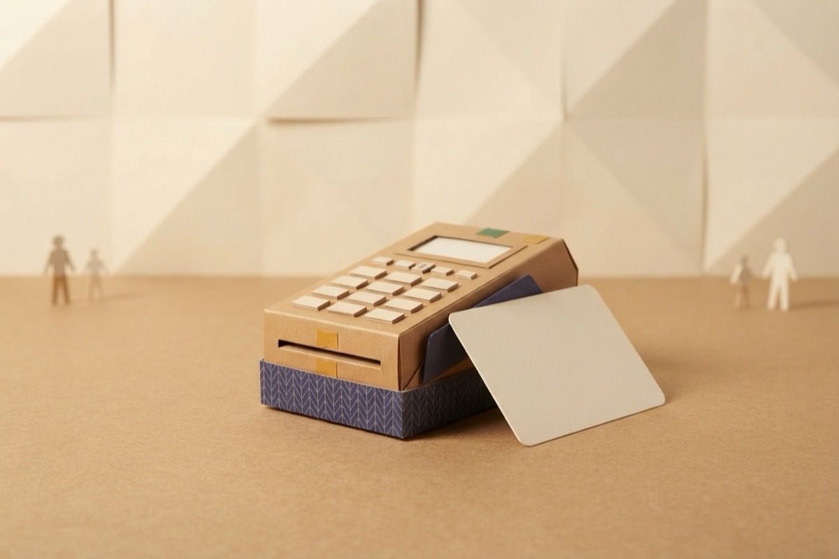 Paper-craft illustration of a blank paper payment card resting against a folded-paper card terminal