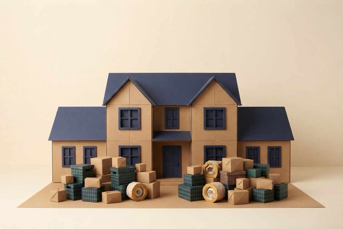 Paper-craft illustration of a wide folded-paper family house with a stack of small paper moving boxes on the paper lawn