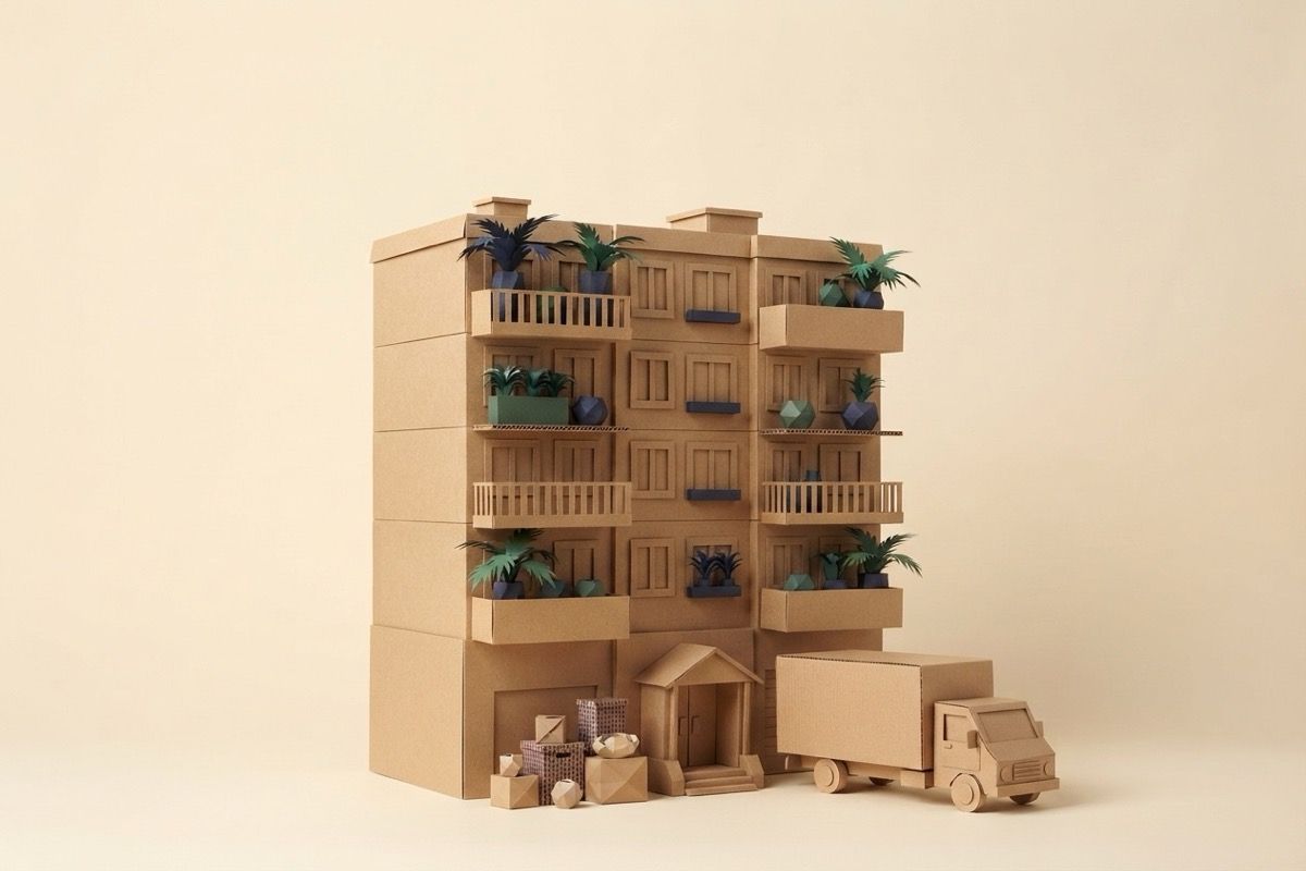 Paper-craft illustration of a tall folded-paper apartment block with balconies and a kraft paper moving truck at its base