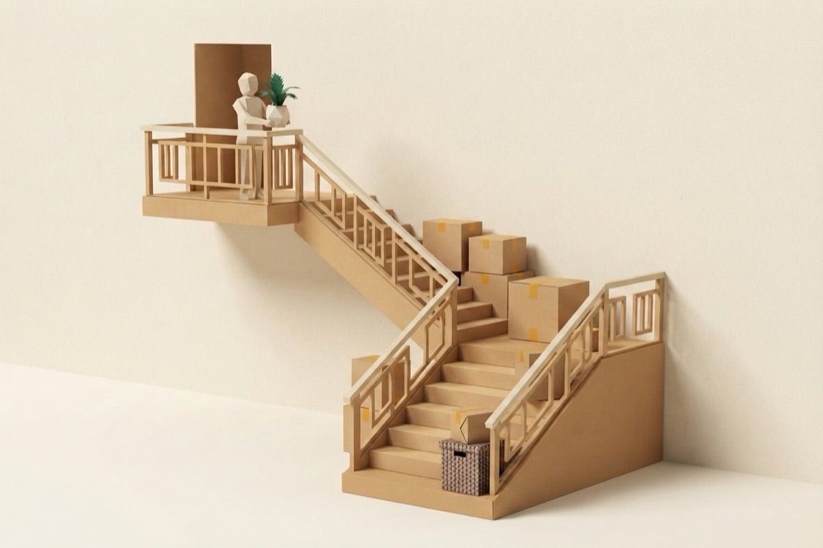 Paper-craft illustration of a folded-paper apartment stairwell and balcony with kraft moving boxes on the steps