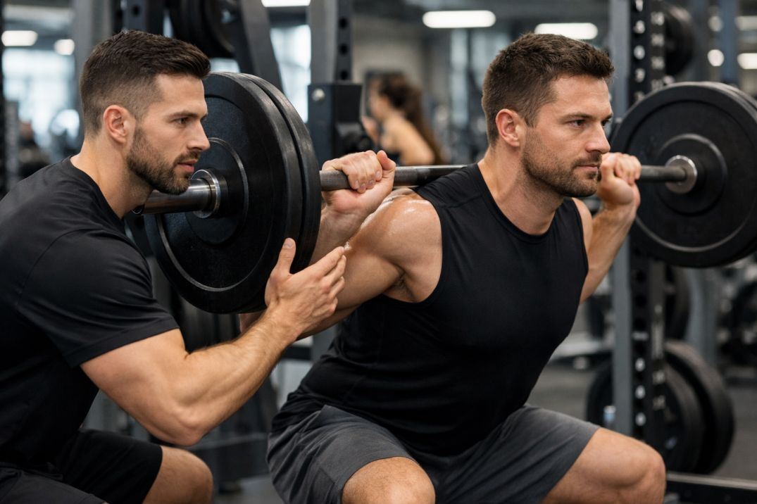 Personal trainer che segue un cliente durante un allenamento con pesi in palestra, esercizio di forza mirato alla perdita di grasso e mantenimento della massa muscolare.