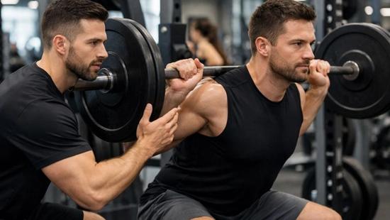 Personal trainer che segue un cliente durante un allenamento con pesi in palestra, esercizio di forza mirato alla perdita di grasso e mantenimento della massa muscolare.