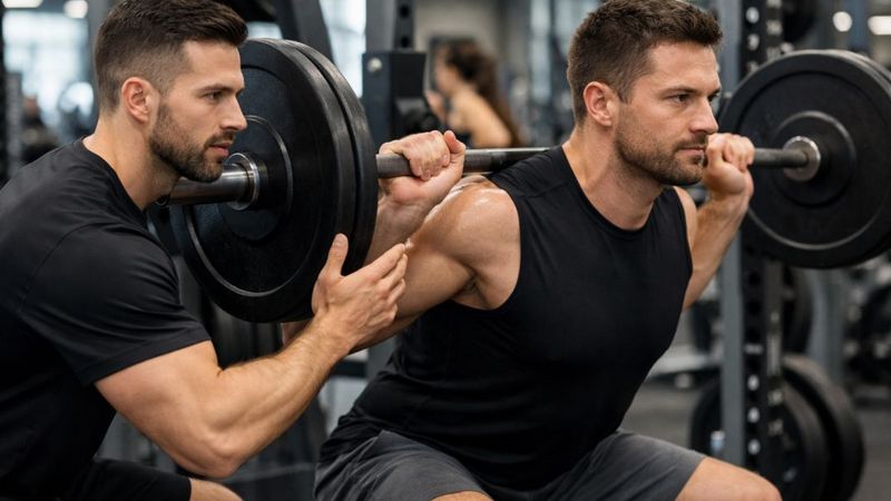 Personal trainer che segue un cliente durante un allenamento con pesi in palestra, esercizio di forza mirato alla perdita di grasso e mantenimento della massa muscolare.