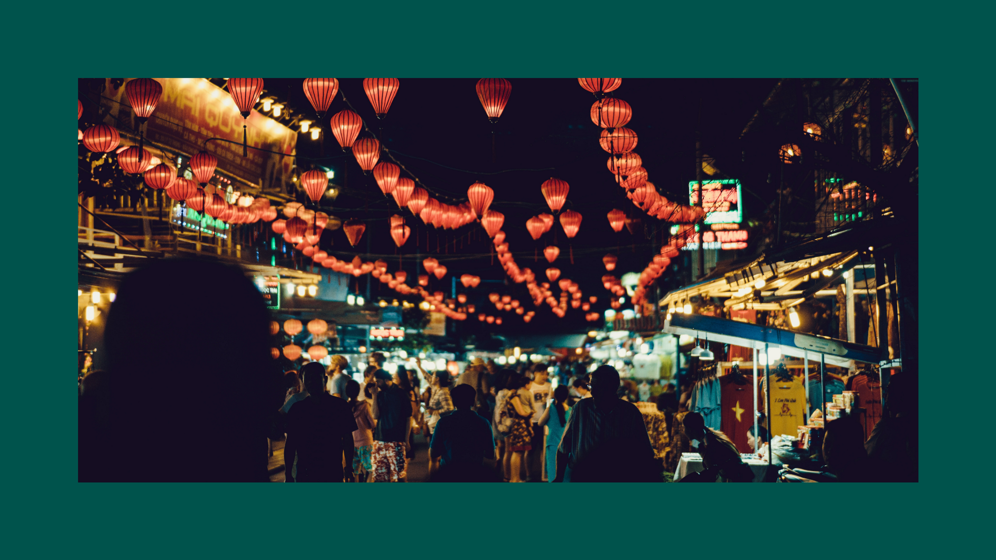 Vietnamese street market with paper lanterns