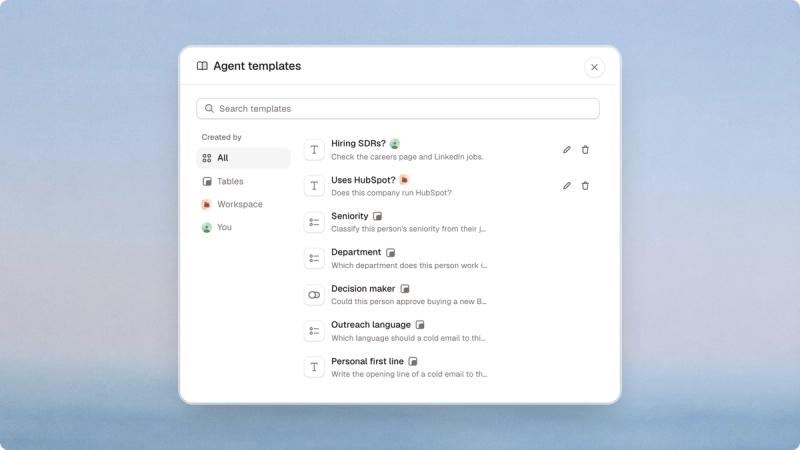 The Agent templates dialog in Tables listing workspace, personal and built-in templates