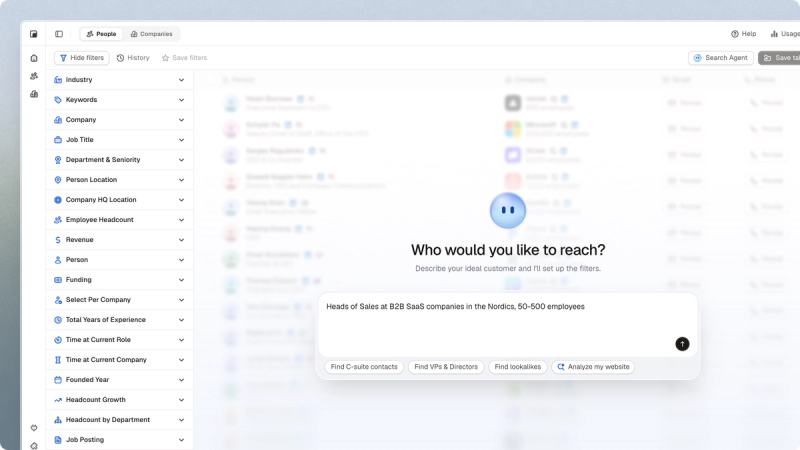Tables people search asking “Who would you like to reach?” with a prompt typed in
