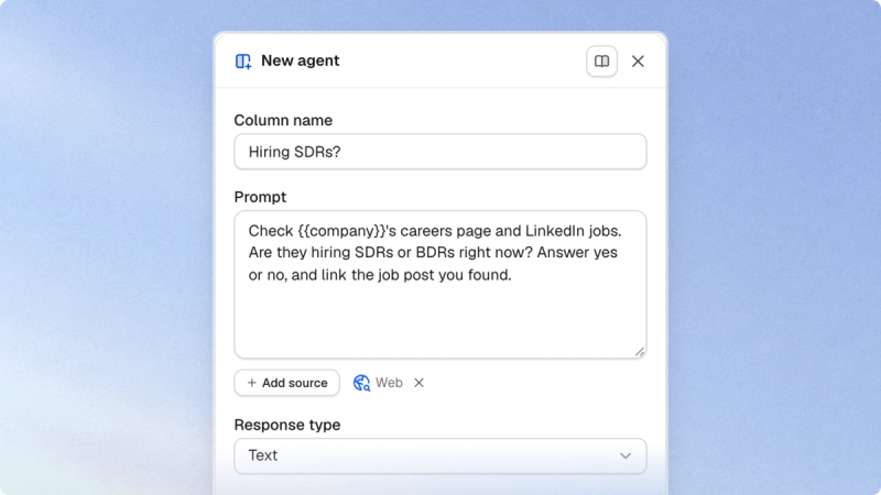 The New agent pane in Tables with a prompt that checks whether a company is hiring SDRs