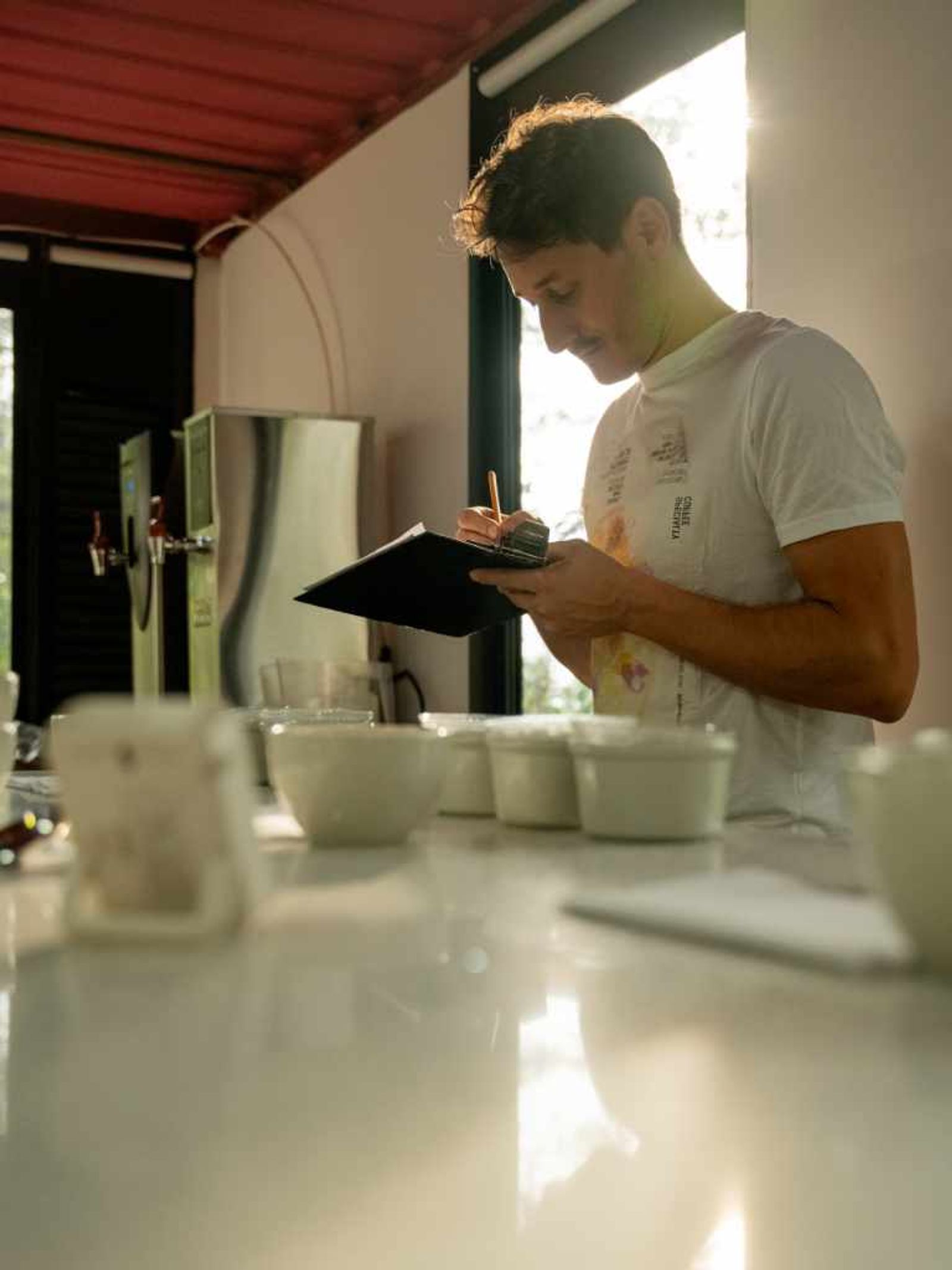 taking notes in the cupping lab
