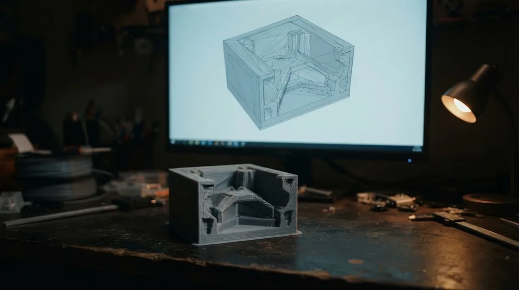 示意圖：昏暗工作室裡螢幕顯示灰藍色 3D 模型的切層線框預覽，桌面上放著同一造型的灰色列印實體件
