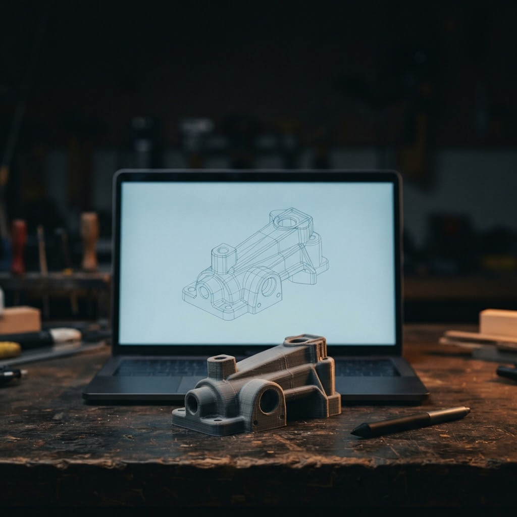 示意圖:深色工作桌上筆電螢幕顯示灰藍色3D模型線框,前方放著同造型的灰色3D列印件與一支觸控筆