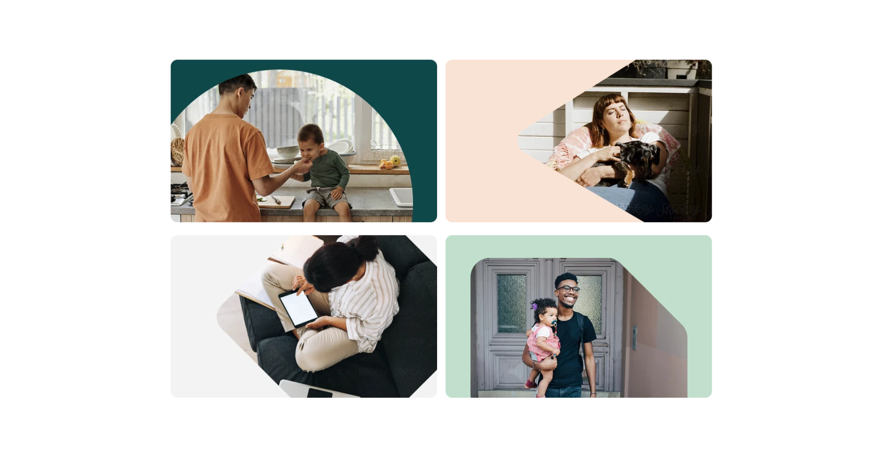 Fire forskjellige scener som viser familie- og kjæledyrinteraksjoner, som symboliserer Momentum Energys brukersentrerte design.