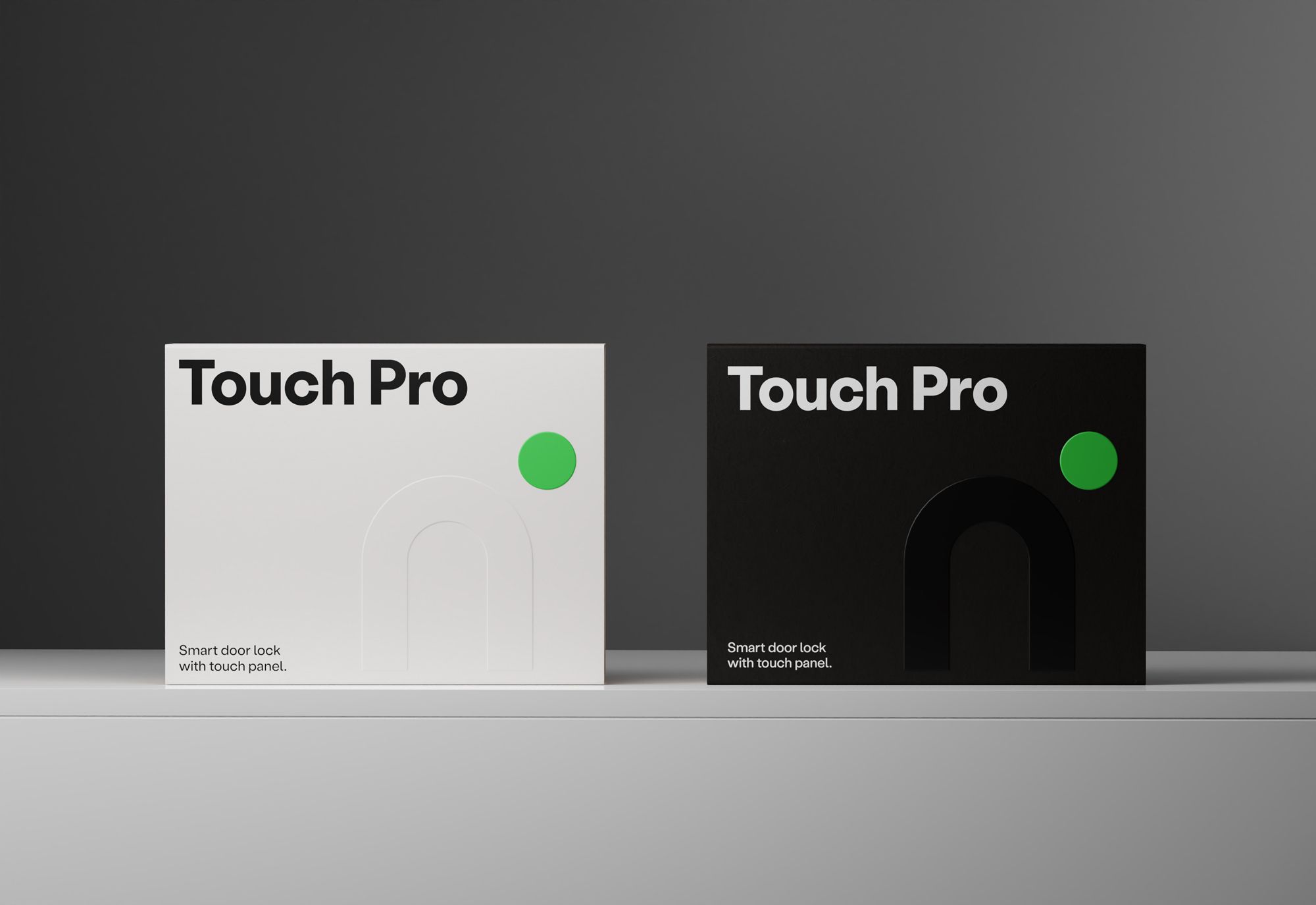 Nimly's Touch Pro smart lock packaging, featuring minimalist black and white designs.