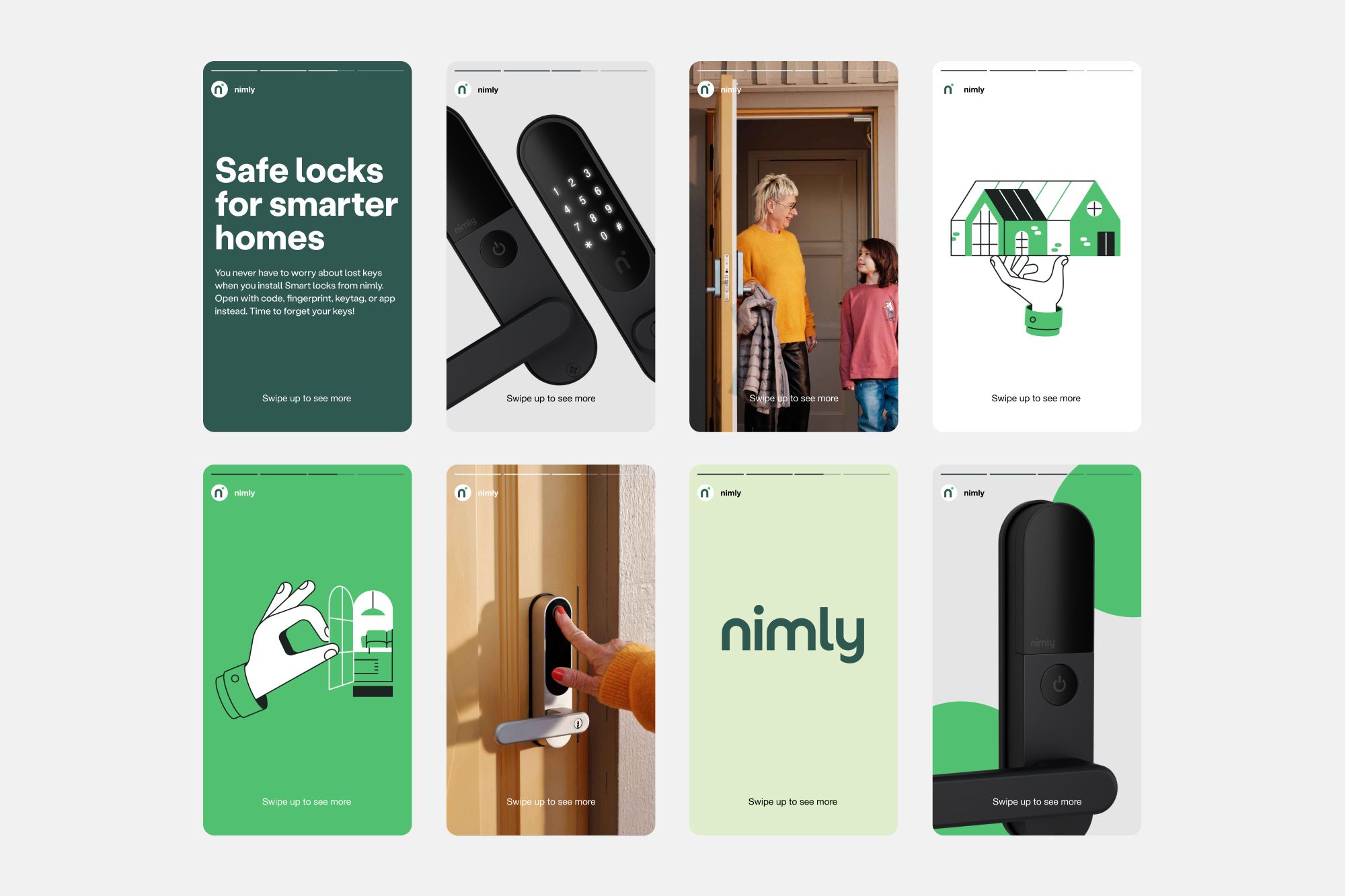 Nimly branding images showcasing smart locks and family-friendly homecoming themes.