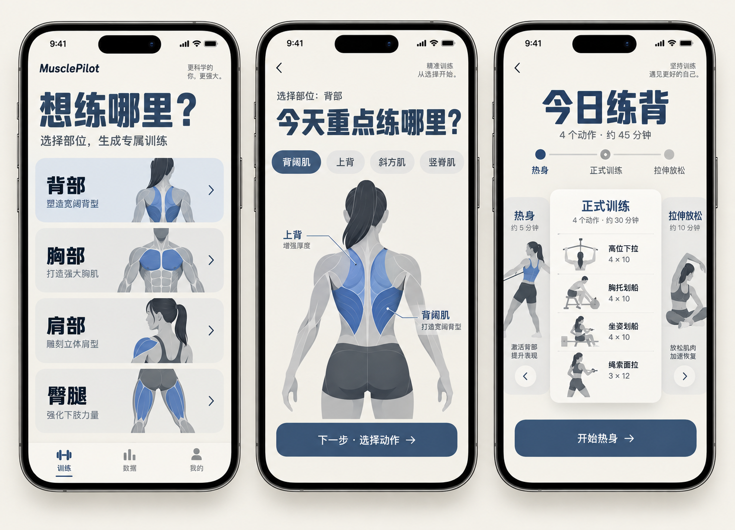 MusclePilot 健身训练规划 App 的三个关键界面