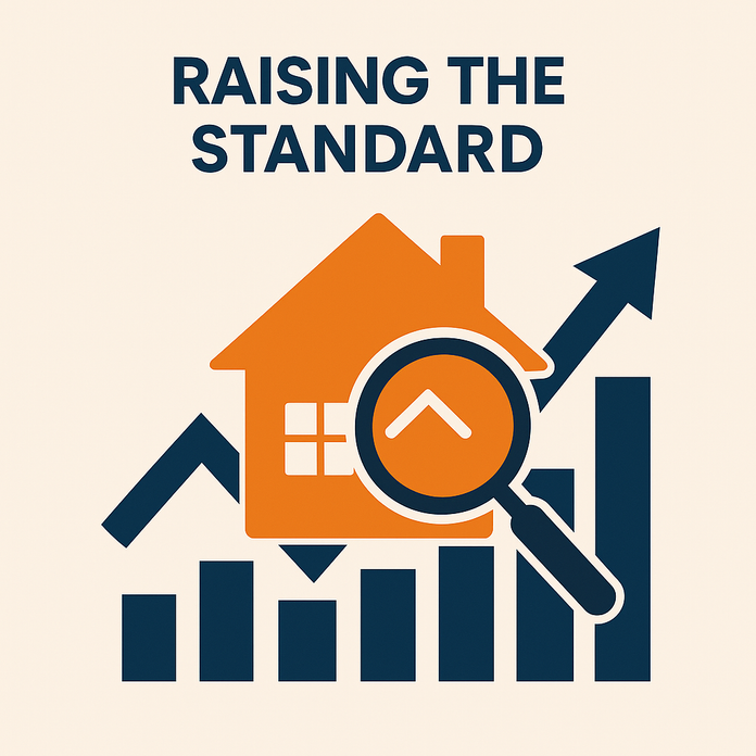 Flat-style graphic of an orange house with a magnifying glass over a window, surrounded by blue arrows and bar graphs symbolising improved home survey standards.