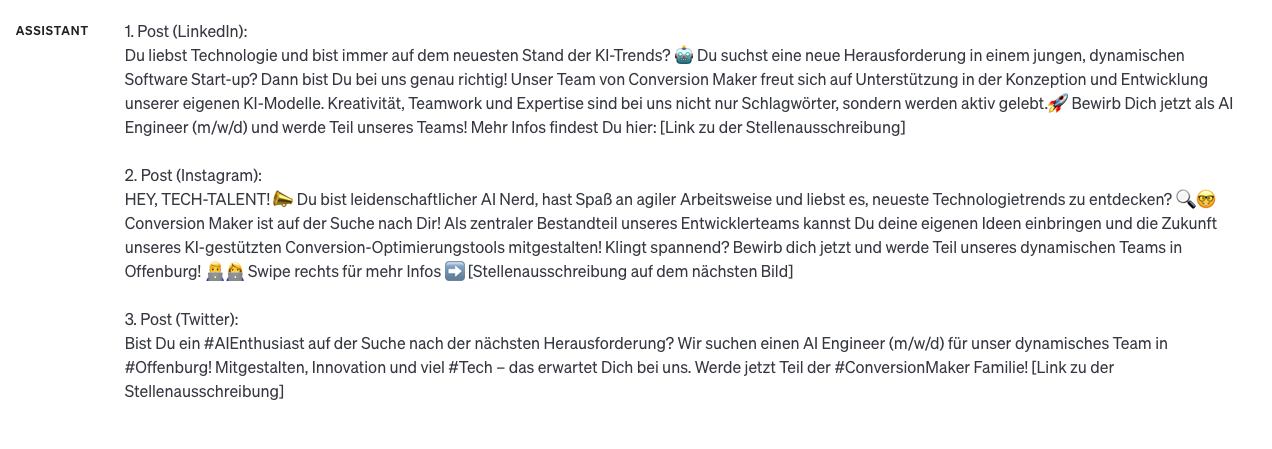 ChatGPT macht aus der Stellenanzeige je einen Post für LinkedIn, Instagram und Twitter