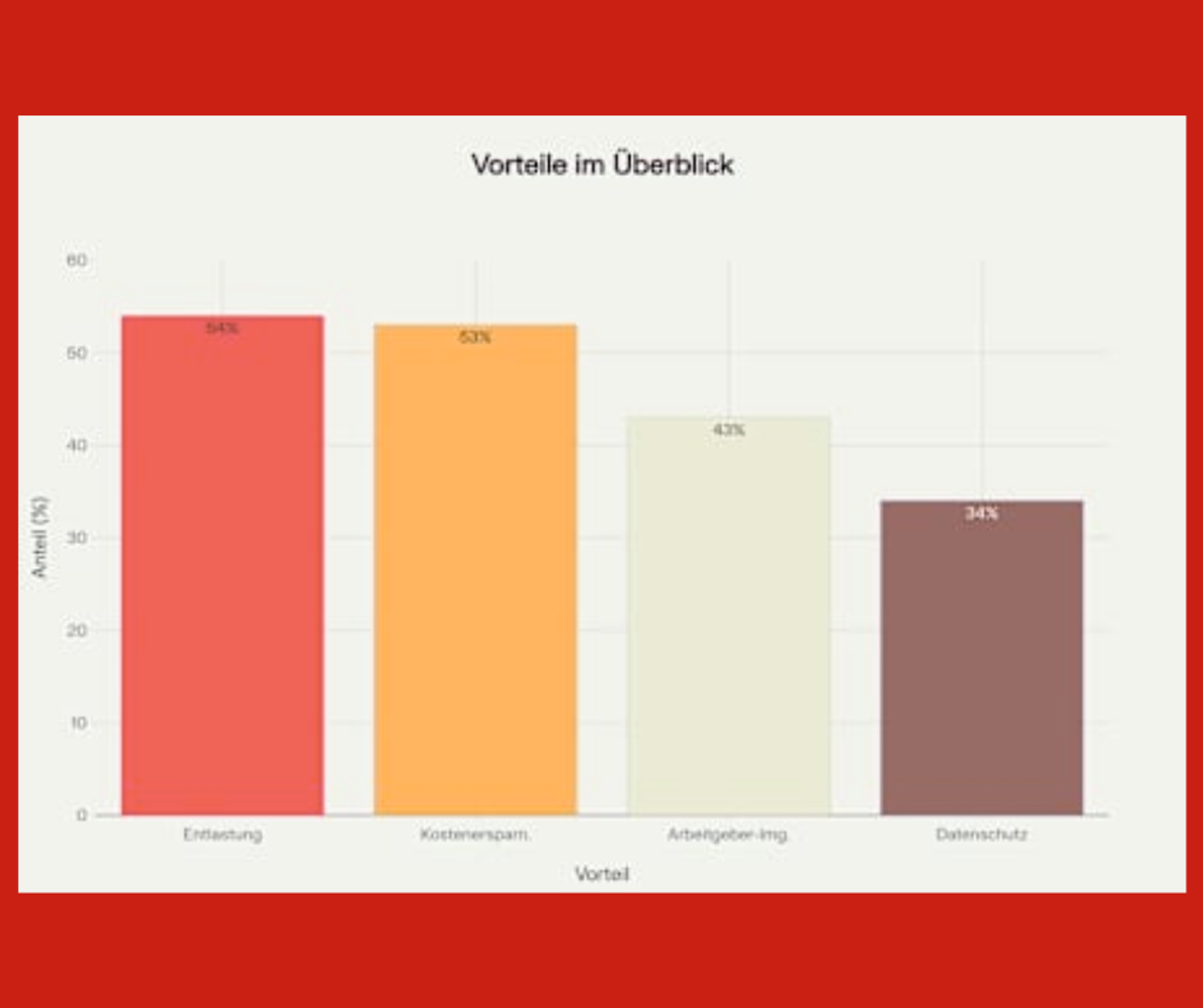Die Infografik mit dem Titel „Vorteile im Überblick“ zeigt die wichtigsten Vorteile der digitalen Personalakte aus Sicht von Unternehmen. Am häufigsten wird die Entlastung genannt: 54 % der Befragten sehen darin einen zentralen Vorteil, da administrative Aufgaben reduziert und Prozesse effizienter gestaltet werden. Direkt dahinter folgt die Kosteneinsparung, die von 53 % als bedeutend eingeschätzt wird – digitale Lösungen senken den Aufwand für Papier, Lagerung und Verwaltung. 43 % der Unternehmen heben die Verbesserung des Arbeitgeber-Images hervor, da moderne HR-Prozesse die Attraktivität als Arbeitgeber steigern. Schließlich sehen 34 % einen Vorteil im verbesserten Datenschutz, da digitale Systeme den Schutz sensibler Mitarbeiterdaten erleichtern. Die Gestaltung der Grafik ist übersichtlich, die Prozentwerte sind farblich hervorgehoben und die einzelnen Vorteile klar voneinander abgegrenzt.