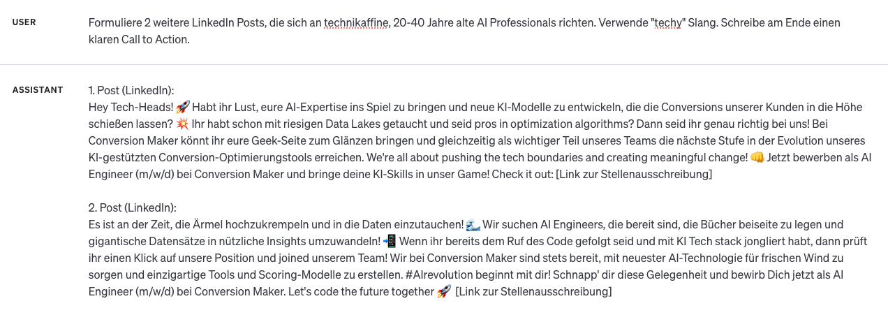ChatGPT schreibt zwei weitere LinkedIn Posts für technikaffine AI Professionals