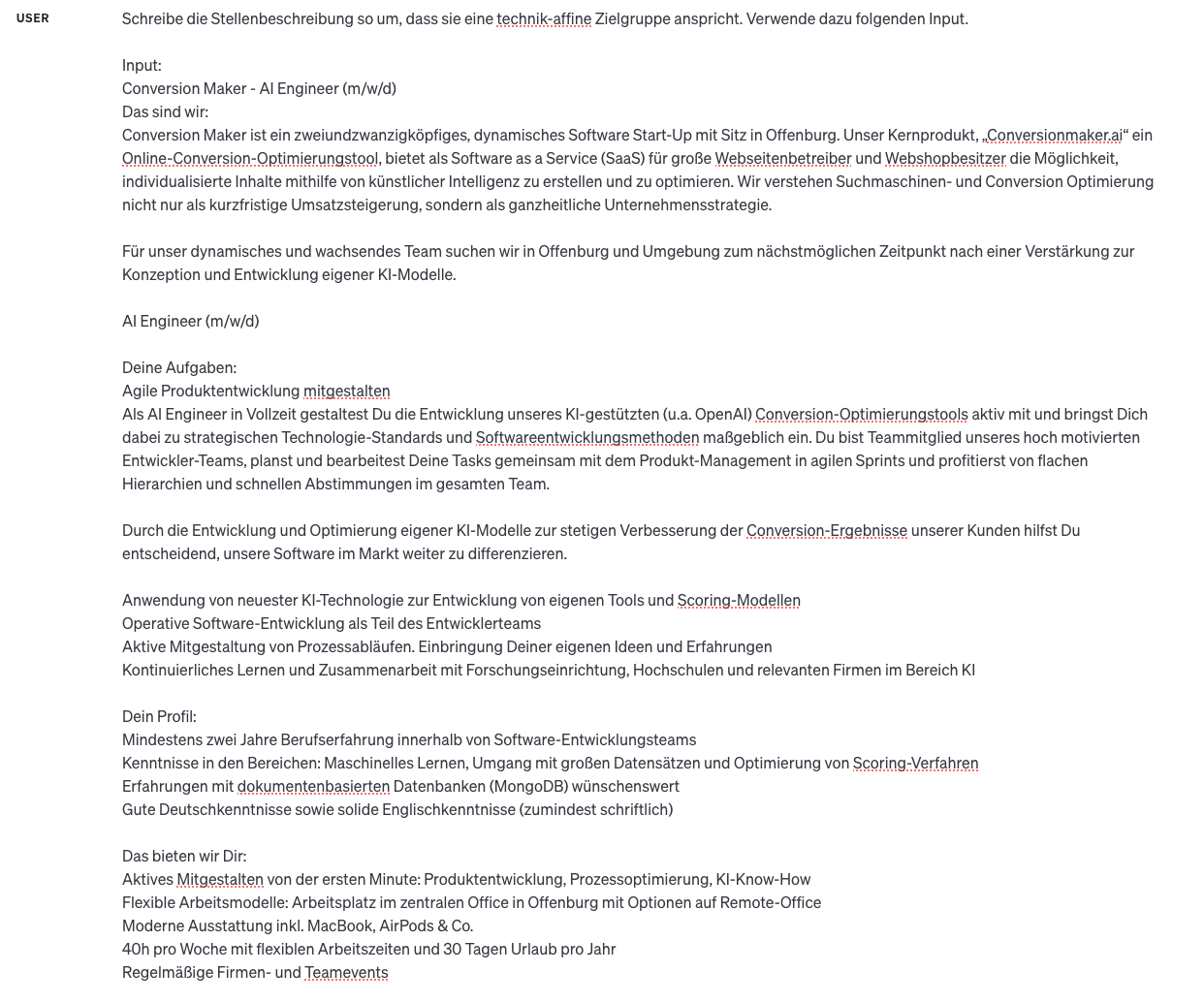 Prompt an ChatGPT: Stellenbeschreibung für einen AI Engineer an eine technikaffine Zielgruppe anpassen