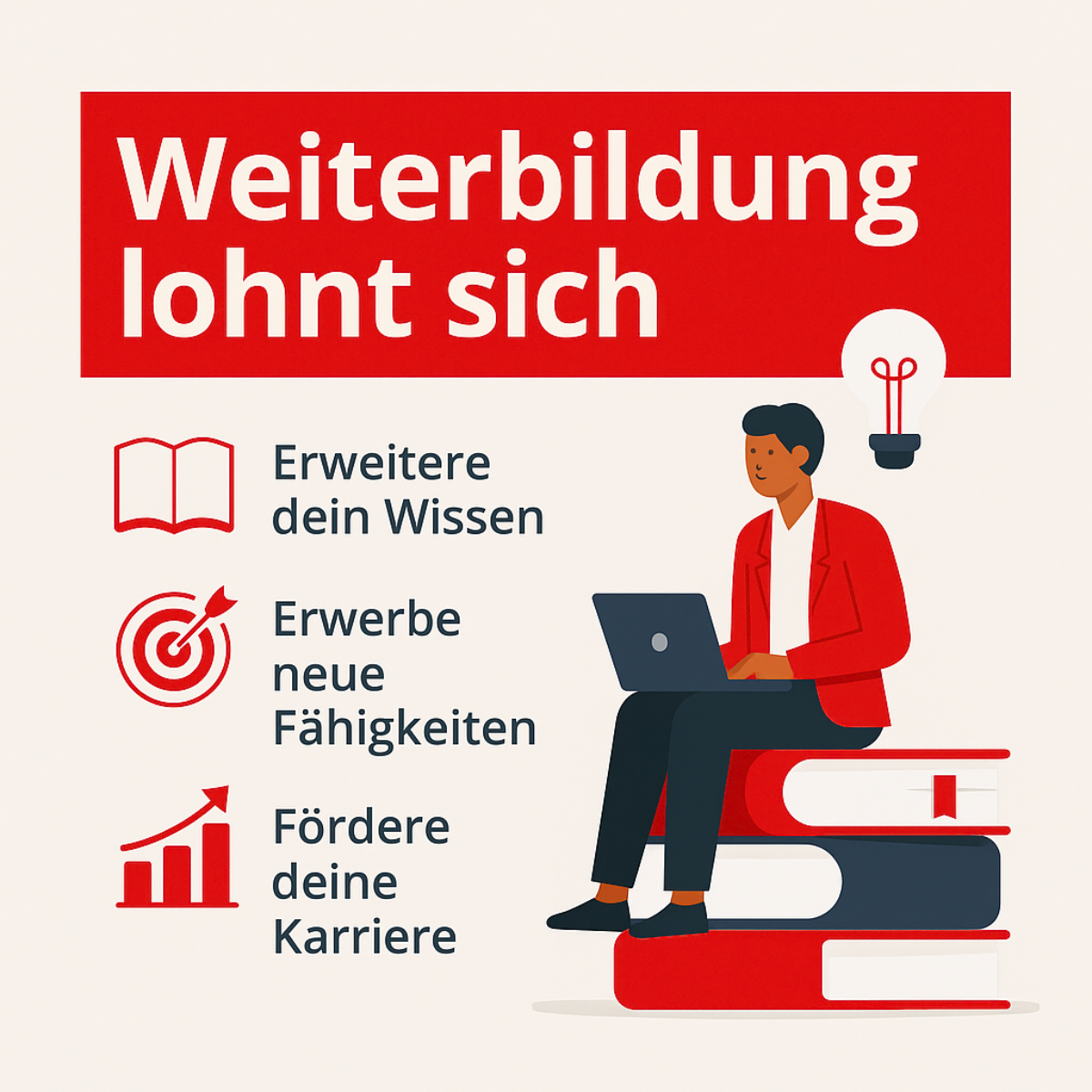 Illustration mit dem Titel „Weiterbildung lohnt sich“. Eine Person sitzt auf einem Stapel Bücher und arbeitet am Laptop. Daneben stehen drei Vorteile von Weiterbildung mit passenden Icons: Wissen erweitern (offenes Buch), neue Fähigkeiten erwerben (Zielscheibe mit Pfeil), Karriere fördern (aufsteigendes Balkendiagramm). Die Gestaltung ist in Rot- und Grautönen gehalten, mit einer Glühbirne als Symbol für Ideen.