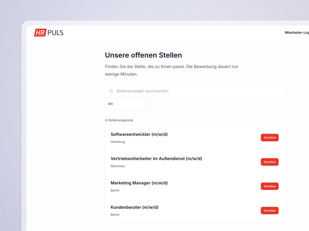Stellenanzeigen auf der Karriereseite von HR Puls mit Suche, Ortsfilter und allen offenen Stellen