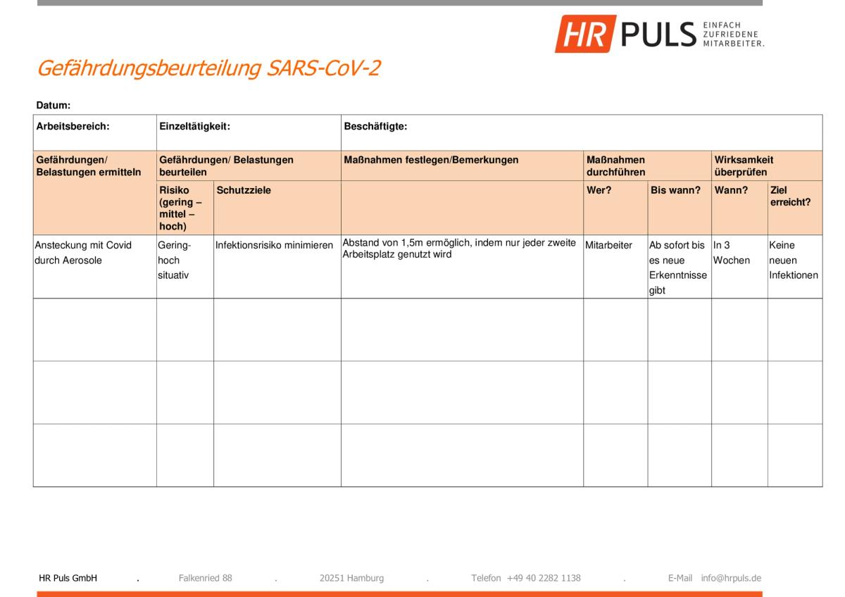 A table assessing COVID-19 risks, outlining measures, responsibilities, and effectiveness timelines for workplace safety.